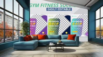 Fitness Gym Social Media Post Layout for Workout Club Membership Increasing Header, Tips & Offer Advertising Templates. Modern Geometric Sport & Bodybuilding Promo Social Media Square Web Banner. Wall mural