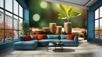 A seedling growing on a pile of coins has a natural backdrop, blurry green, money management, and economic growth Wall mural