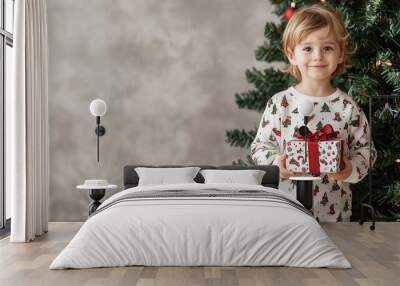 A cheerful child in festive pajamas holding a gift against a Christmas tree backdrop, embodying holiday spirit and joy. Wall mural