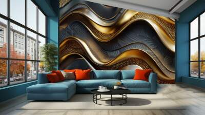 A stunning abstract design featuring flowing waves of gold and black, perfect for modern decor or artistic projects. Wall mural