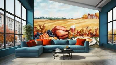 Watercolor A picturesque autumn feast with turkey, pie, and seasonal fruits set against a beautiful harvest landscape. Wall mural