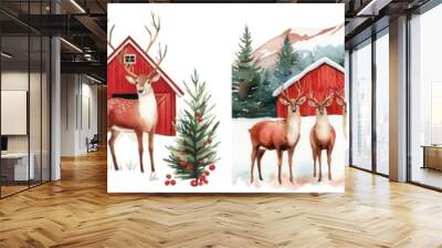 Watercolor Christmas Farm, Charming winter scene with deer, red barns, and snow-covered trees, holiday art and nature themed decorations. Isolate on white background Wall mural