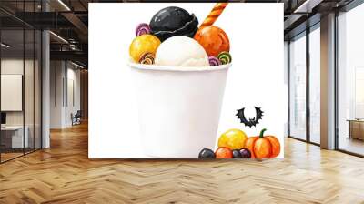 Watercolors Ice cream Halloween spooky Boo, A delicious ice cream cup filled with colorful scoops, topped with vibrant candies and fruit for a delightful treat. Isolated on PNGs transparent background Wall mural