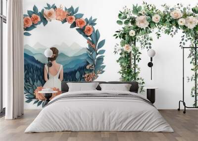 Woman in a floral frame with mountains, alongside a floral archway, perfect for weddings and romantic themes, Isolate white background set Wall mural