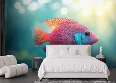 A vibrant red and blue fish swimming in a tank Wall mural