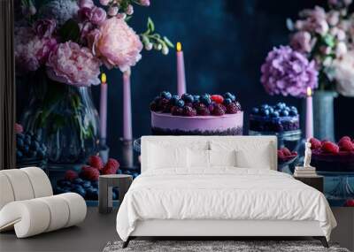 Delicious Blueberry Cheesecake with Flower Decorations Wall mural