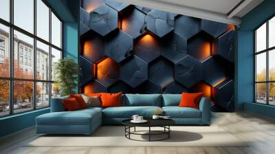 A black and orange background with a pattern of hexagons Wall mural