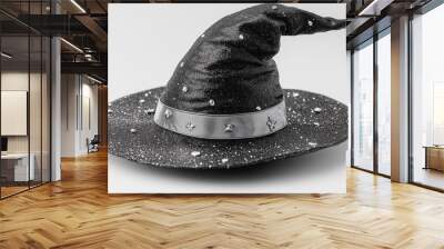 A black hat with a black ribbon and a black star on it. The hat is decorated with glitter and has a pointy top Wall mural