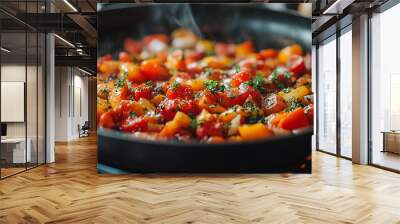 A black pan with a variety of vegetables including tomatoes and peppers. The vegetables are cooked and are steaming Wall mural