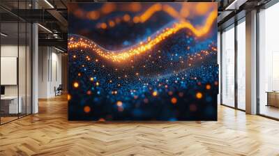 A blue and orange wave of light with many small dots. The wave is very long Wall mural