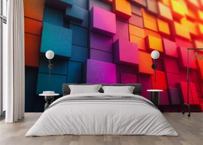 A colorful wall made of blocks with a blue square in the middle. The wall is made of different colored blocks, including red, purple, and yellow Wall mural