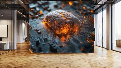 A computer chip with a brain on it. The brain is glowing orange. Concept of technology and the human brain Wall mural