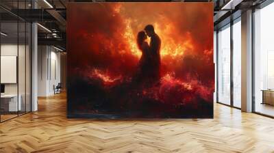 A couple is standing in the ocean, surrounded by flames Wall mural