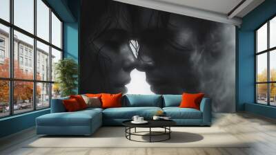 A couple kissing in the rain. The man is wearing a black shirt and the woman is wearing a black shirt Wall mural