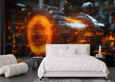 A glowing, metallic object with a circular shape. The object is surrounded by a bright orange glow, giving it a futuristic and otherworldly appearance. Concept of wonder and curiosity Wall mural