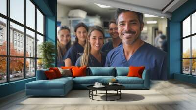 A group of nurses and a doctor are smiling for the camera. Scene is happy and friendly Wall mural