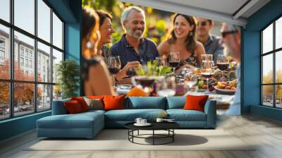 A group of people are sitting around a table with wine glasses and food Wall mural