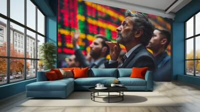 A man in a suit is looking at a stock market board Wall mural