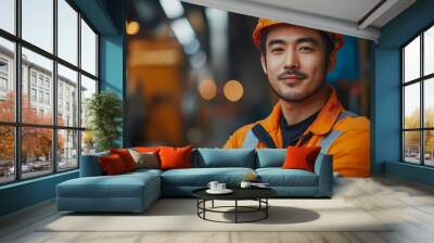 A man in an orange safety vest and helmet is smiling Wall mural