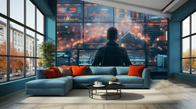 A man is sitting in front of a computer monitor with several graphs and charts on it. He is focused on the screen, possibly analyzing data or working on a project. Scene is serious and focused Wall mural