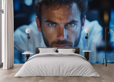 A man with a beard and blue eyes is looking at something on a table. The table is filled with various glass containers, some of which are empty. The man is focused on the objects in front of him Wall mural