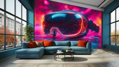 A pair of virtual reality goggles with a red and orange background Wall mural