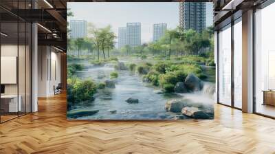 A park with a stream and a waterfall. The water is clear and the rocks are scattered throughout the area. The park is surrounded by tall buildings, giving it a sense of urban tranquility Wall mural