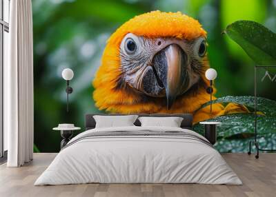 A parrot is perched on a leaf, looking at the camera. The bird is orange and has a curious expression Wall mural