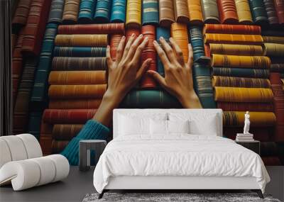 A person's hands are reaching for a book on a shelf. The books are of various sizes and colors, and the person's hands are spread out to grab one Wall mural