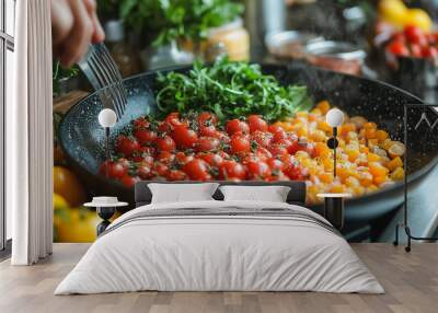 A person is cooking a dish with tomatoes, peppers, and spinach in a black pan. The dish is colorful and looks delicious Wall mural