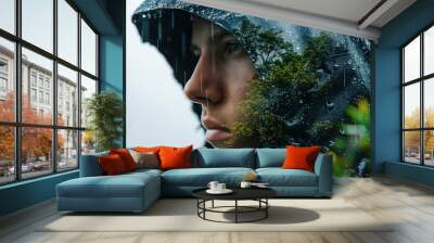 A person is wearing a raincoat and looking out into the distance. The rain is falling and the person's reflection can be seen in the water. Scene is somber and contemplative Wall mural