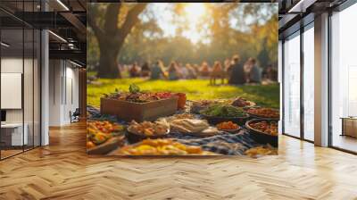 A picnic with a lot of food on a blanket. People are sitting and eating. Scene is relaxed and social Wall mural