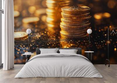 A pile of gold coins on a black background. The coins are shiny and sparkly, giving the image a luxurious and opulent feel Wall mural