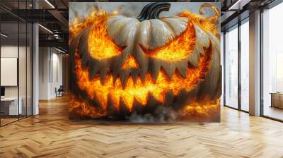 A pumpkin with a scary face and flames coming out of it. The pumpkin is surrounded by smoke, giving it a spooky and eerie atmosphere Wall mural