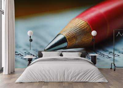 A red pencil with a silver point sits on a piece of paper. The pencil is sharpened and ready to be used for writing. The paper is filled with various words and letters Wall mural