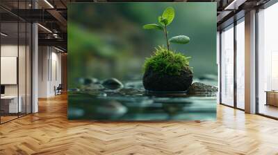 A small plant is growing on a rock in a body of water Wall mural