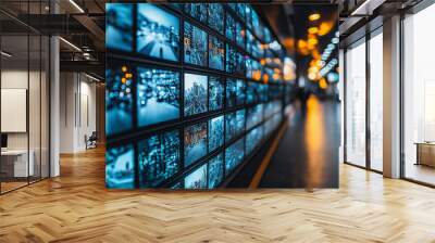 A wall of screens with a blurry background. The screens are showing different images of city streets and buildings. Scene is busy and chaotic, with the screens displaying a constant stream of activity Wall mural