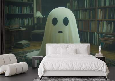 A white ghost is standing in a room with a lot of books. The ghost has a sad expression on its face Wall mural