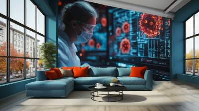 A woman in a lab coat is working on a computer monitor with a virus on it. She is wearing a mask and gloves Wall mural