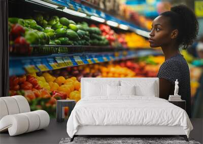 A woman is shopping for vegetables in a grocery store Wall mural