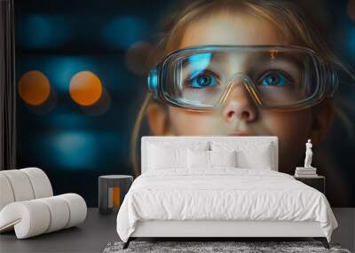 A young girl wearing a pair of blue safety glasses. She is looking at something in the distance Wall mural