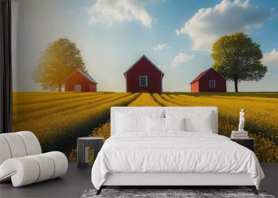 Agriculture scenes with farming activities and crops Wall mural