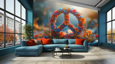 Artistic representation of a peace symbol made from flowers, vibrant colors, detailed petals, soft sunlight, International Day of Peace focus, calm and serene mood Wall mural