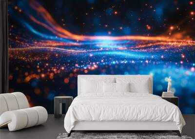 Dynamic perspective grid with blue floor, shining particles, and cosmic dust on a black background, perfect for futuristic and space visuals. Wall mural