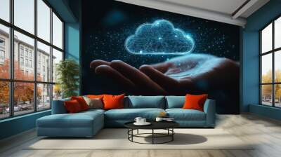 Futuristic cloud computing background showcasing a businessman’s hand with cloud icons, representing data transfer, secure online storage, and application system connectivity. Wall mural