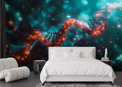 Genetic research concept featuring DNA molecule structure, showcasing advances in biotech science and human genome cell studies. Wall mural