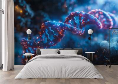 Science background with a blue 3D DNA structure and genetic cells, focusing on biotechnology, molecular biology, and advanced health research concepts. Wall mural