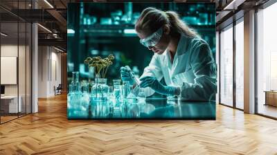 Scientist working on biotechnology innovations in a sleek, modern indoor laboratory, emphasizing the latest in research and technology. Wall mural