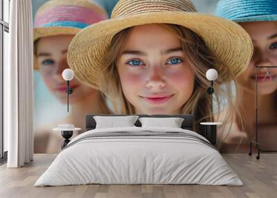 Three girls in straw hats featuring the colors of the Greek flag, enjoying a sunny day on a Greek beach, emphasizing the holiday vibe, focus on the colorful hats, relaxed resort atmosphere Wall mural