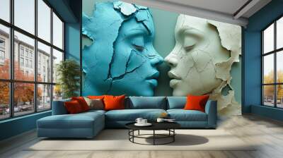 Two faces with blue and white paint, one with a blue nose and the other with a white nose Wall mural